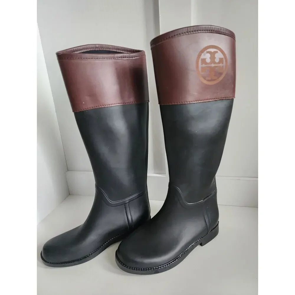 Tory Burch Diana Tall Rubber Rain Boots Womens Size‎ 6 Logo Black Brown Logo